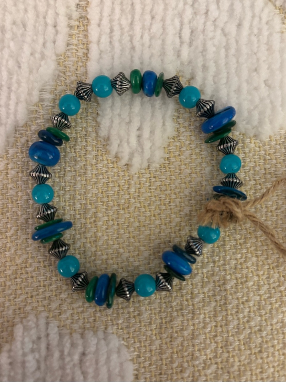 Handmade Teal, Cerulean, & Green Beaded Stretch Bracelet